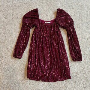 Altar'd State Sequin Shimmering A-Line Square Neckline Long-Sleeves Mini Dress